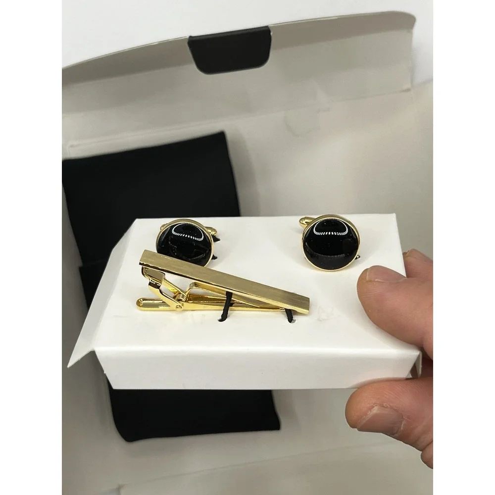 Hawson Black Tie With Gold Cuff Links And Tie Clip Jewelry Wedding Business New‎